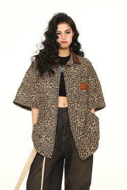 Vintage Leopard Print Denim Jacket with Polo Collar - Unisex Retro Streetwear Short Sleeve