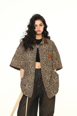 Vintage Leopard Print Denim Jacket with Polo Collar - Unisex Retro Streetwear Short Sleeve