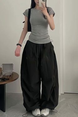 Vintage Loose Fit Cargo Pants for Women, Wide-Leg Parachute Trousers with Drawstring, Casual Jazz Dance Style, Floor-Length Sportswear