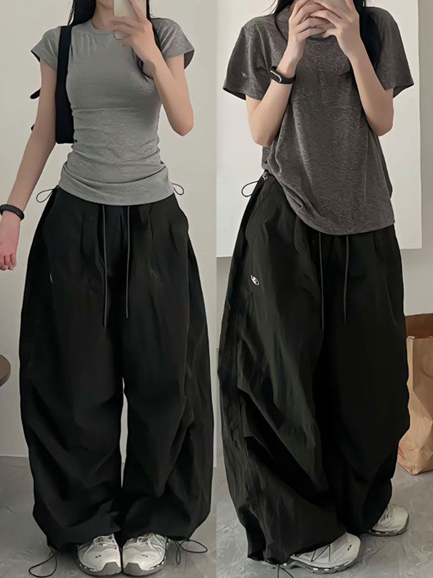 Vintage Loose Fit Cargo Pants for Women, Wide-Leg Parachute Trousers with Drawstring, Casual Jazz Dance Style, Floor-Length Sportswear Vintage Loose Fit Cargo Pants for Women, Wide-Leg Parachute Trousers with Drawstring, Casual Jazz Dance Style, Floor-Length Sportswear