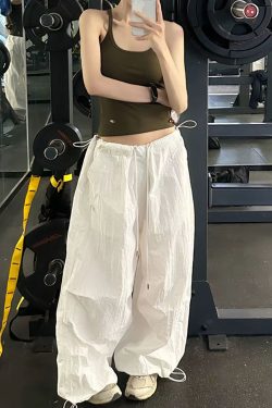 Vintage Loose Fit Cargo Pants for Women, Wide-Leg Parachute Trousers with Drawstring, Casual Jazz Dance Style, Floor-Length Sportswear