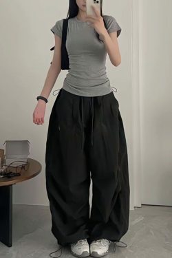 Vintage Loose Fit Cargo Pants for Women, Wide-Leg Parachute Trousers with Drawstring, Casual Jazz Dance Style, Floor-Length Sportswear