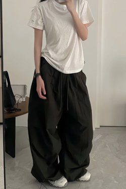 Vintage Loose Fit Cargo Pants for Women, Wide-Leg Parachute Trousers with Drawstring, Casual Jazz Dance Style, Floor-Length Sportswear