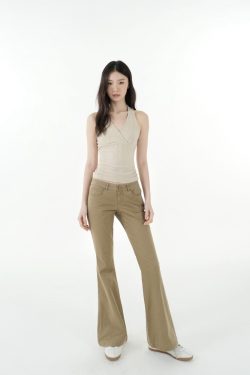Vintage Low-Rise Khaki Flared Denim Pants for Women - 90s Inspired Workwear Style