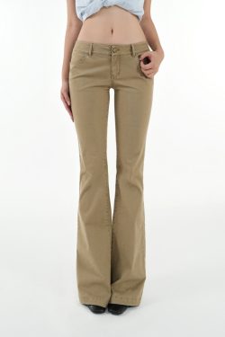 Vintage Low-Rise Khaki Flared Denim Pants for Women - 90s Inspired Workwear Style