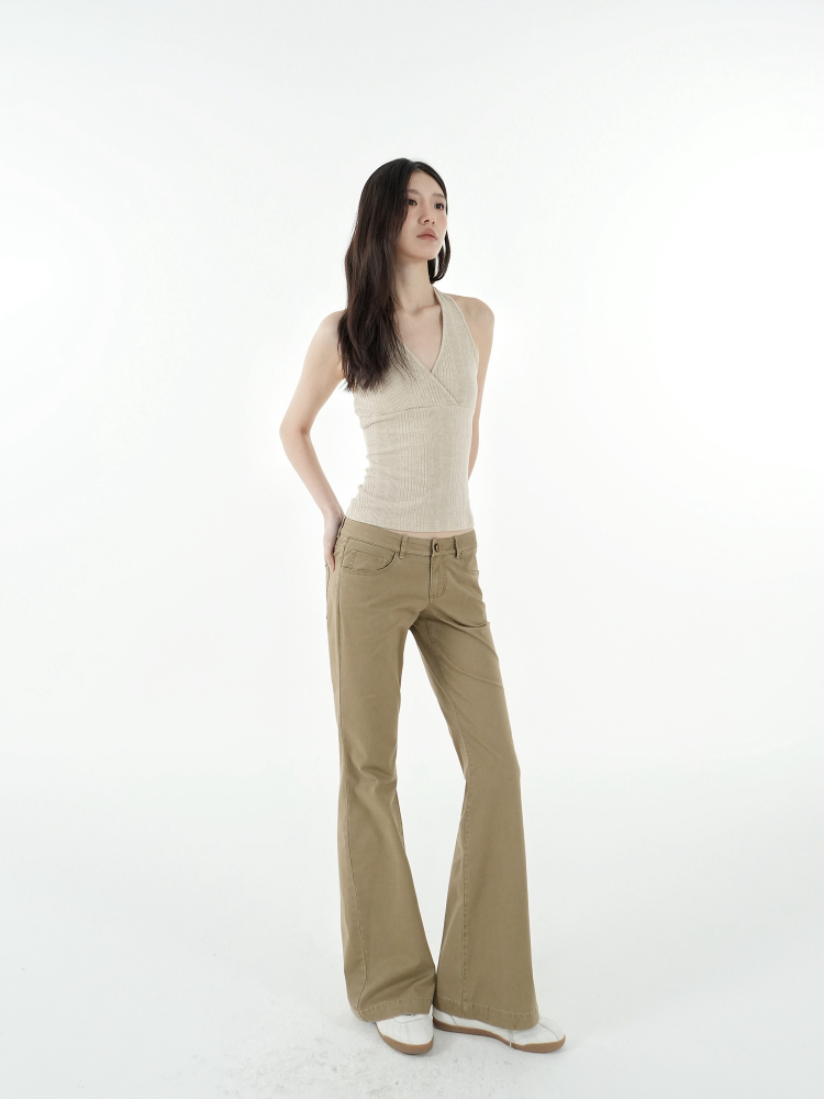 Vintage Low-Rise Khaki Flared Denim Pants for Women - 90s Inspired Workwear Style Vintage Low-Rise Khaki Flared Denim Pants for Women - 90s Inspired Workwear Style