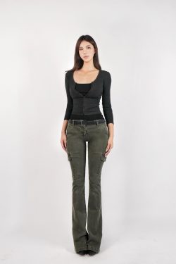Vintage Low-Rise Washed Micro-Flare Cargo Pants - 90s Inspired Trendy Women's Fashion Bottoms