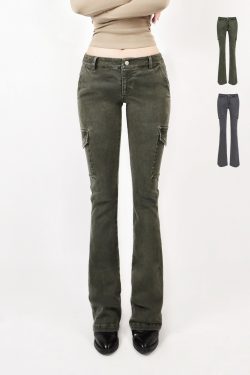 Vintage Low-Rise Washed Micro-Flare Cargo Pants - 90s Inspired Trendy Women's Fashion Bottoms