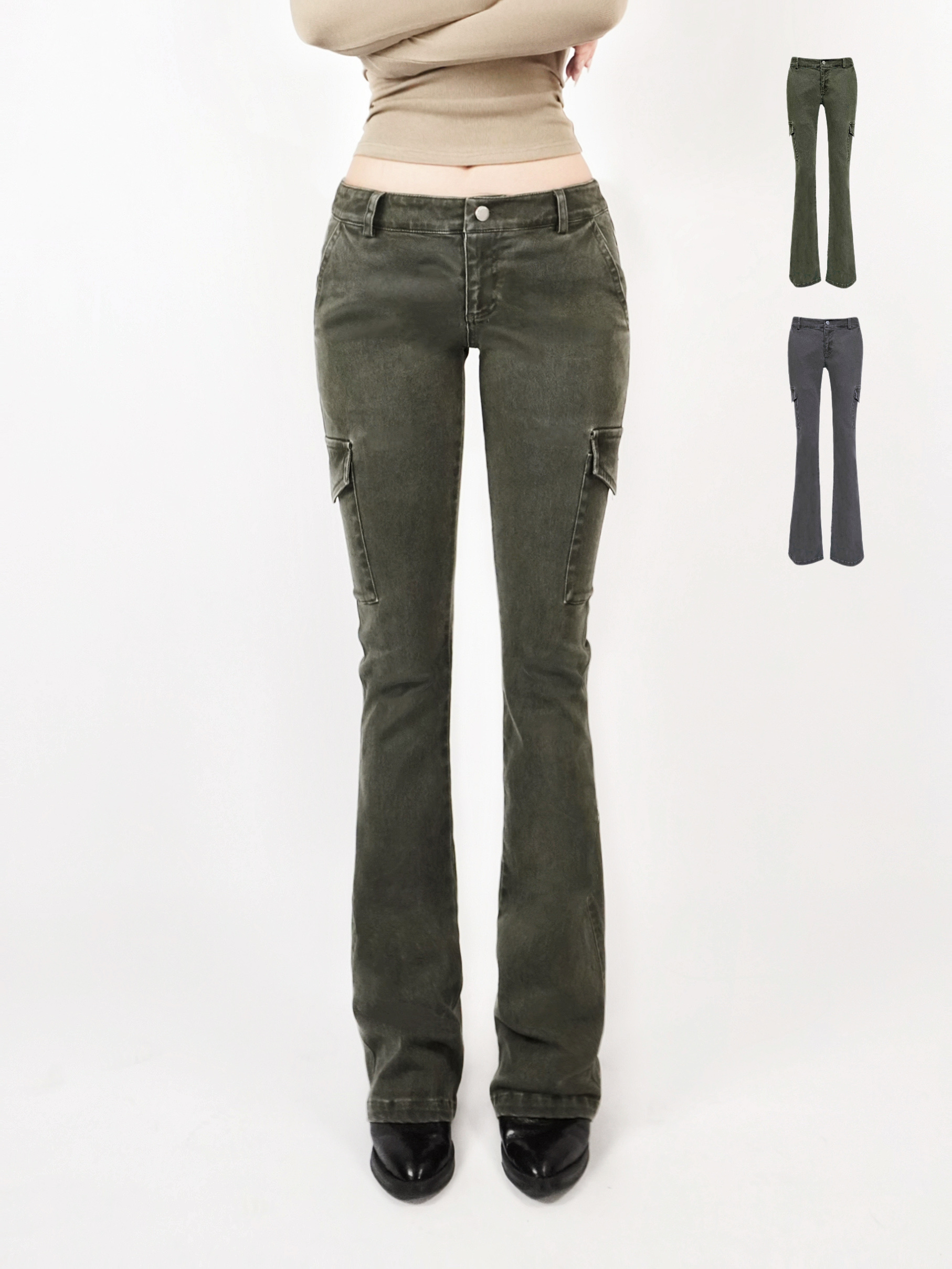 Vintage Low-Rise Washed Micro-Flare Cargo Pants - 90s Inspired Trendy Women's Fashion Bottoms Vintage Low-Rise Washed Micro-Flare Cargo Pants - 90s Inspired Trendy Women's Fashion Bottoms