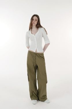 Vintage Low-Waist Multi-Pocket Two-Way Parachute Cargo Wide-Leg Pants - 90s Y2K Style