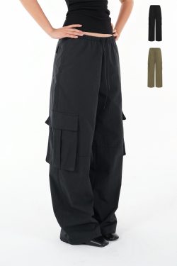 Vintage Low-Waist Multi-Pocket Two-Way Parachute Cargo Wide-Leg Pants - 90s Y2K Style