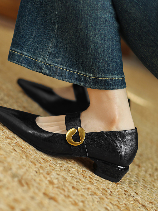 Vintage Mid-Heel Mary Jane Shoes for Women - 2025 Spring Summer Lambskin Chunky Heel Flats, Pointed Toe, Shallow Mouth Design Vintage Mid-Heel Mary Jane Shoes for Women - 2025 Spring Summer Lambskin Chunky Heel Flats, Pointed Toe, Shallow Mouth Design