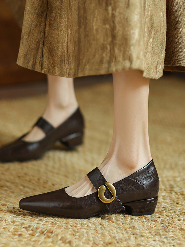 Vintage Mid-Heel Mary Jane Shoes for Women - 2025 Spring Summer Lambskin Chunky Heel Flats, Pointed Toe, Shallow Mouth Design Vintage Mid-Heel Mary Jane Shoes for Women - 2025 Spring Summer Lambskin Chunky Heel Flats, Pointed Toe, Shallow Mouth Design