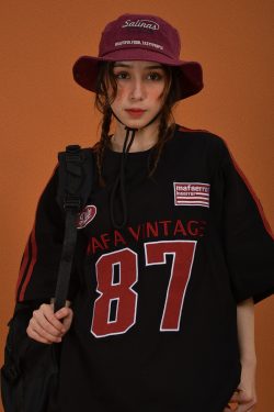 Vintage Motorcycle Graphic Short Sleeve T-Shirt for Women - Summer Loose Fit Double Stripe Trendy Y2K Style