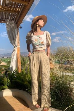 Vintage Mountain Breeze Retro Cotton Linen Casual Pants for Women - Summer Thin Loose High Waist Wide Leg Trousers