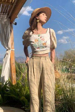 Vintage Mountain Breeze Retro Cotton Linen Casual Pants for Women - Summer Thin Loose High Waist Wide Leg Trousers