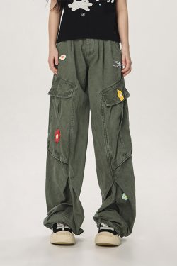 Vintage Multi-Pocket Embroidered Casual Work Pants for Men and Women - Loose Straight Cargo Style, American Retro Fashion