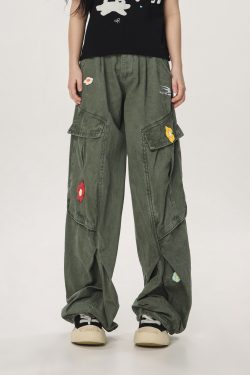 Vintage Multi-Pocket Embroidered Casual Work Pants for Men and Women - Loose Straight Cargo Style, American Retro Fashion