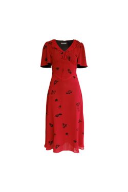 Vintage Night Rose Red French V-Neck Short Sleeve Flared Chiffon Dress for Women – Summer 90s Inspired Fashion
