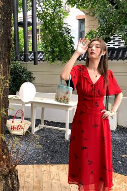 Vintage Night Rose Red French V-Neck Short Sleeve Flared Chiffon Dress for Women – Summer 90s Inspired Fashion