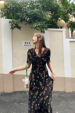 Vintage Night Rose Red French V-Neck Short Sleeve Flared Chiffon Dress for Women – Summer 90s Inspired Fashion