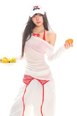 Vintage Off-Shoulder Long Sleeve T-Shirt for Women - Sheer Ruffled Summer Top, Waist-Defined Sun Protection, Hot Girl Style