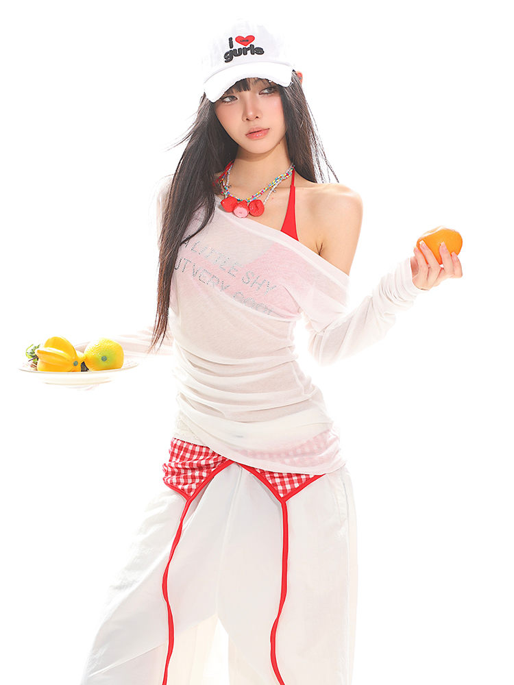 Vintage Off-Shoulder Long Sleeve T-Shirt for Women - Sheer Ruffled Summer Top, Waist-Defined Sun Protection, Hot Girl Style Vintage Off-Shoulder Long Sleeve T-Shirt for Women - Sheer Ruffled Summer Top, Waist-Defined Sun Protection, Hot Girl Style