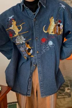 Vintage Oversized Denim Jacket with Cat Embroidery - Autumn 90s Style Fashion