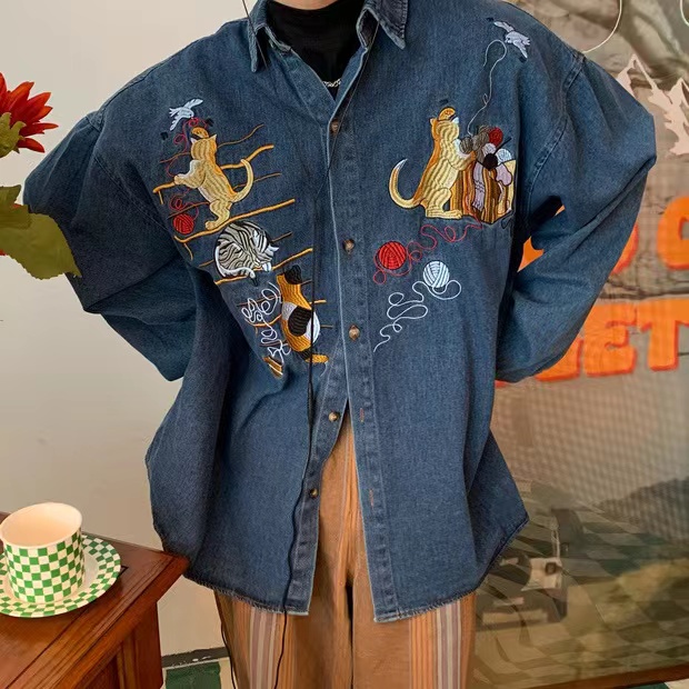 Vintage Oversized Denim Jacket with Cat Embroidery - Autumn 90s Style Fashion Vintage Oversized Denim Jacket with Cat Embroidery - Autumn 90s Style Fashion