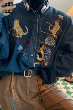 Vintage Oversized Denim Jacket with Cat Embroidery - Autumn 90s Style Fashion