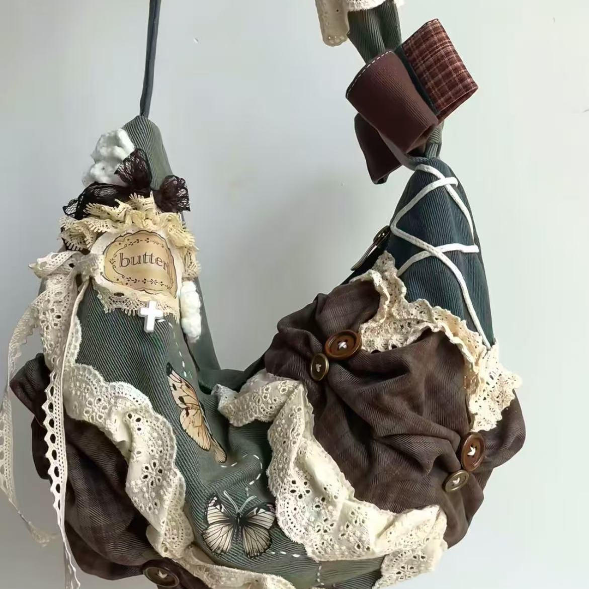 Vintage Patchwork Dumpling Bag - Large Capacity Canvas Tote with Lace Detail, Stylish Commuting Shoulder Crossbody Handbag Vintage Patchwork Dumpling Bag - Large Capacity Canvas Tote with Lace Detail, Stylish Commuting Shoulder Crossbody Handbag