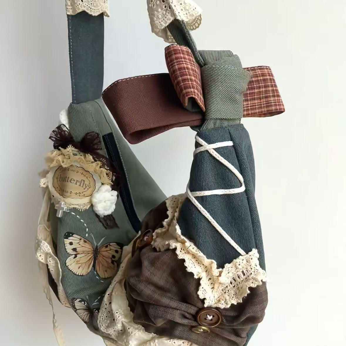 Vintage Patchwork Dumpling Bag - Large Capacity Canvas Tote with Lace Detail, Stylish Commuting Shoulder Crossbody Handbag Vintage Patchwork Dumpling Bag - Large Capacity Canvas Tote with Lace Detail, Stylish Commuting Shoulder Crossbody Handbag