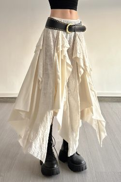 Vintage Patchwork Irregular Long Skirt with Ruffles and Jacquard Texture, Boho Chic Draped Half Skirt, Nomadic Poet Style