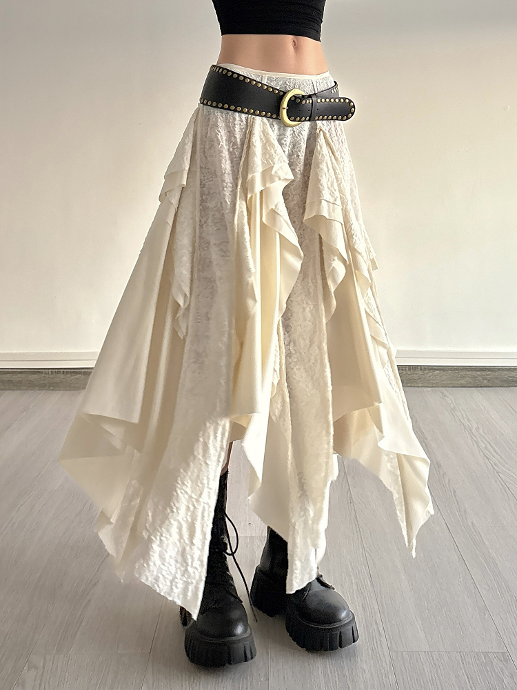 Vintage Patchwork Irregular Long Skirt with Ruffles and Jacquard Texture, Boho Chic Draped Half Skirt, Nomadic Poet Style Vintage Patchwork Irregular Long Skirt with Ruffles and Jacquard Texture, Boho Chic Draped Half Skirt, Nomadic Poet Style