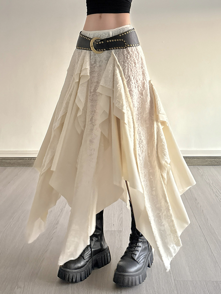 Vintage Patchwork Irregular Long Skirt with Ruffles and Jacquard Texture, Boho Chic Draped Half Skirt, Nomadic Poet Style Vintage Patchwork Irregular Long Skirt with Ruffles and Jacquard Texture, Boho Chic Draped Half Skirt, Nomadic Poet Style