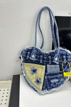Vintage Patchwork Washed Fringe Denim Heart Crossbody Bag - Trendy Underarm Shoulder Bag for Y2K Style Enthusiasts