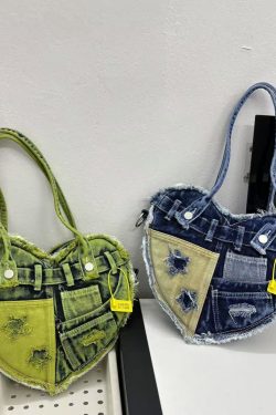 Vintage Patchwork Washed Fringe Denim Heart Crossbody Bag - Trendy Underarm Shoulder Bag for Y2K Style Enthusiasts