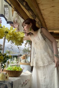 Vintage Pearl Dream Butterfly Lace Patchwork Sleeveless Dress - Women's Summer Forest Style Remake Long Dress, Y2K Aesthetic