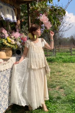 Vintage Pearl Dream Butterfly Lace Patchwork Sleeveless Dress - Women's Summer Forest Style Remake Long Dress, Y2K Aesthetic