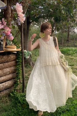 Vintage Pearl Dream Butterfly Lace Patchwork Sleeveless Dress - Women's Summer Forest Style Remake Long Dress, Y2K Aesthetic