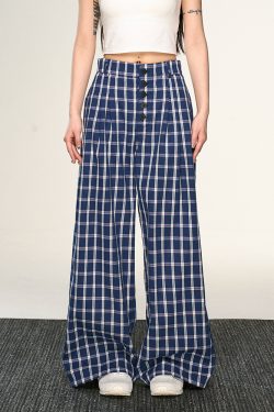 Vintage Plaid Button-Up Casual Pants for Women - Summer Loose Relaxed Wide-Leg Trousers, American Style Fashion