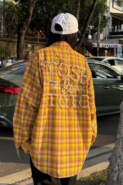 Vintage Plaid Long Sleeve Shirt Jacket for Women, Pearl Letter Casual Top in Dopamine Yellow, Spring Fashion 90s Style