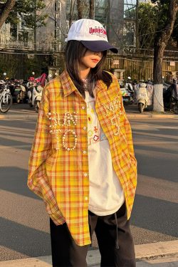 Vintage Plaid Long Sleeve Shirt Jacket for Women, Pearl Letter Casual Top in Dopamine Yellow, Spring Fashion 90s Style