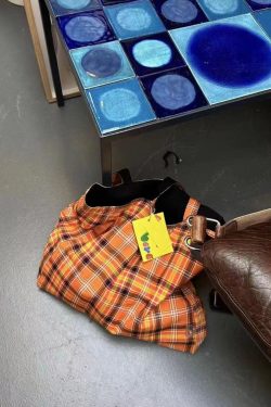 Vintage Plaid Orange Large Capacity Canvas Shoulder Bag - Versatile Commuter Tote for Fashion Lovers