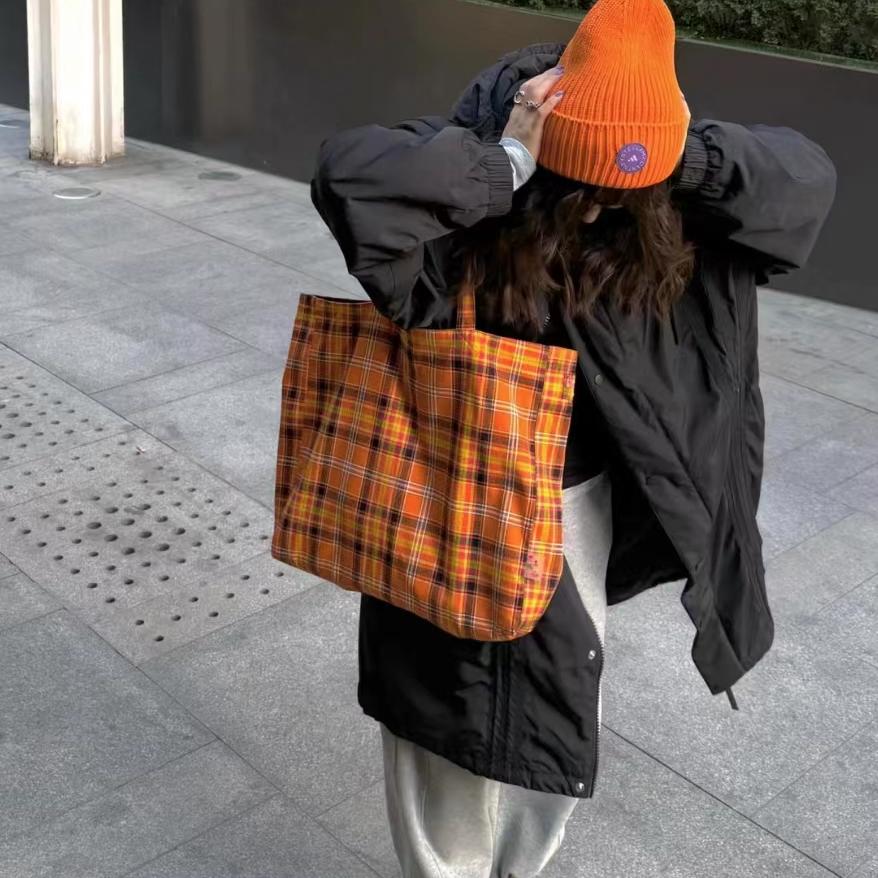 Vintage Plaid Orange Large Capacity Canvas Shoulder Bag - Versatile Commuter Tote for Fashion Lovers Vintage Plaid Orange Large Capacity Canvas Shoulder Bag - Versatile Commuter Tote for Fashion Lovers
