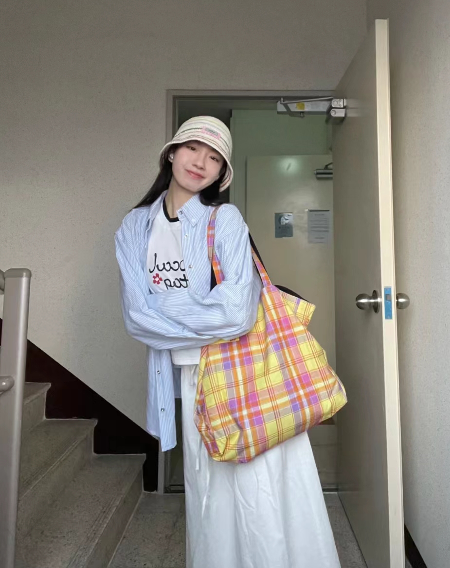 Vintage Plaid Orange Large Capacity Canvas Shoulder Bag - Versatile Commuter Tote for Fashion Lovers Vintage Plaid Orange Large Capacity Canvas Shoulder Bag - Versatile Commuter Tote for Fashion Lovers