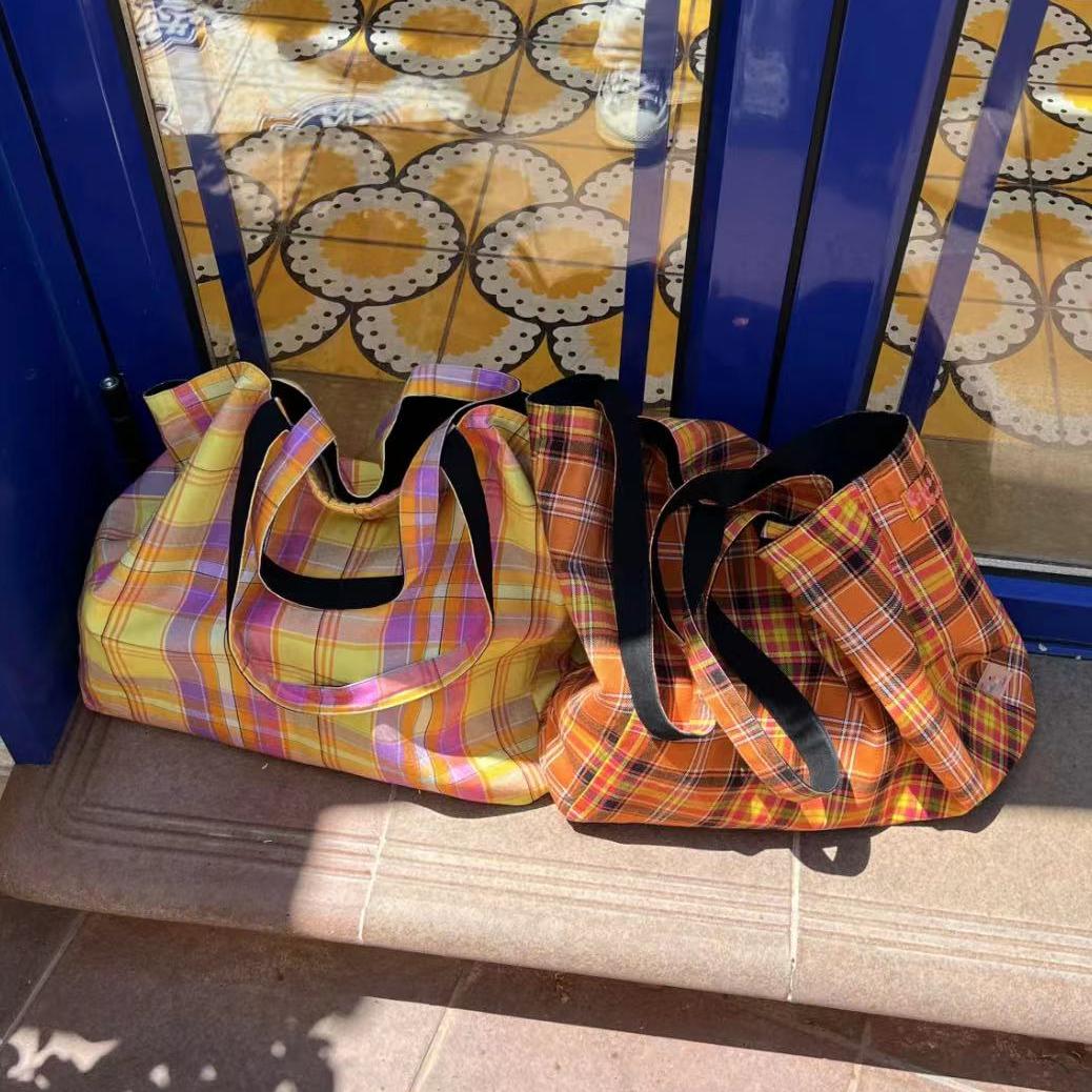 Vintage Plaid Orange Large Capacity Canvas Shoulder Bag - Versatile Commuter Tote for Fashion Lovers Vintage Plaid Orange Large Capacity Canvas Shoulder Bag - Versatile Commuter Tote for Fashion Lovers