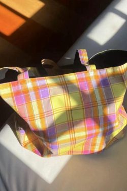 Vintage Plaid Orange Large Capacity Canvas Shoulder Bag - Versatile Commuter Tote for Fashion Lovers