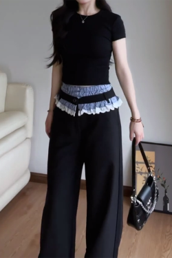 Vintage Plaid Patchwork Lace Suit Pants for Women - Loose Straight-Leg Wide-Leg Trousers for Spring and Autumn Fashion