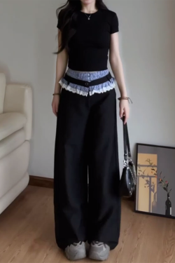 Vintage Plaid Patchwork Lace Suit Pants for Women - Loose Straight-Leg Wide-Leg Trousers for Spring and Autumn Fashion